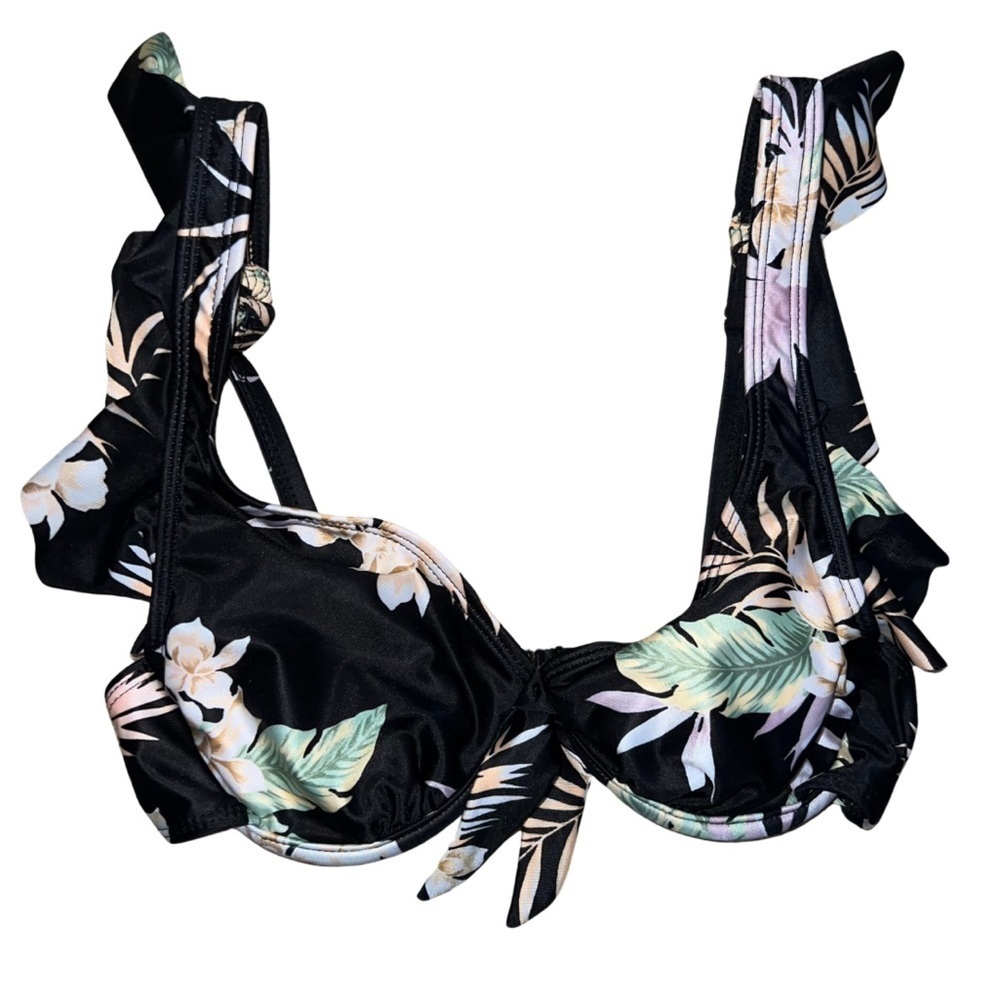 Ibiza Swimwear Black Tropical Floral Ruffled Swim Top Size Medium